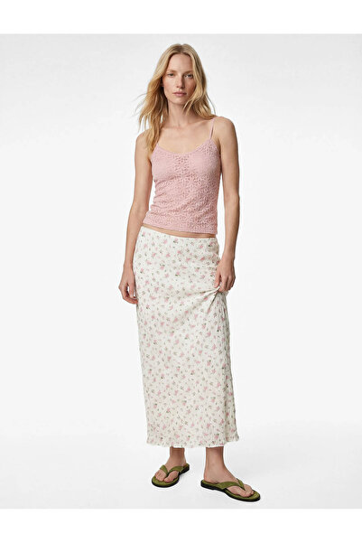 Koton Fusta de damă albă, cu dantelă florală, croială slim, lungime midi 6SAK...