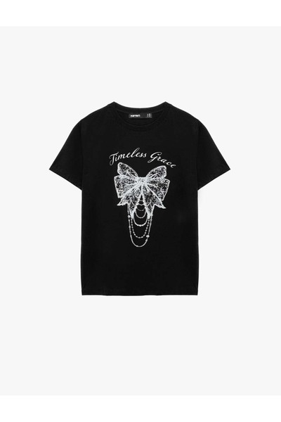 Koton Fiyonk Baskılı Siyah Kadın T-Shirt 6SAK50029EK