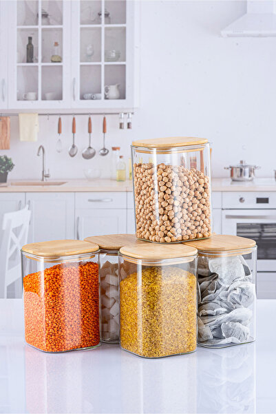 ozbience 6'lı 1200 ml Kare Bambu Kapaklı Bakliyat Seti, şık ve kullanışlı tas...