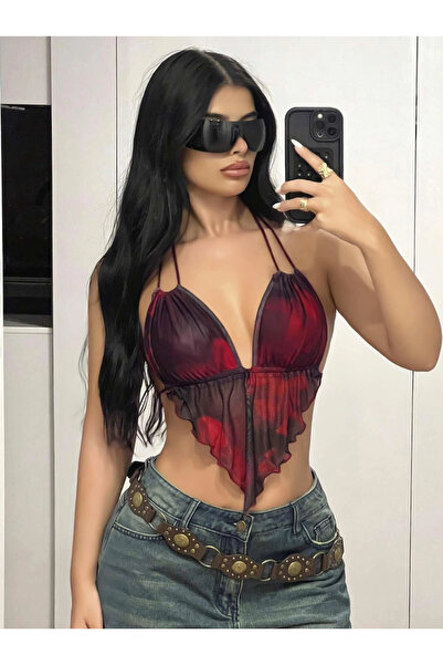 mtm My The Mall Women's Red and Black Colors Crop Top with Triangle Cut Detai...