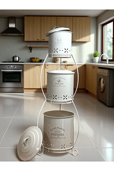 ozbience 3 Katlı Metal Sebze Kovası, Patates ve Soğanlık Sepeti, Krem renk