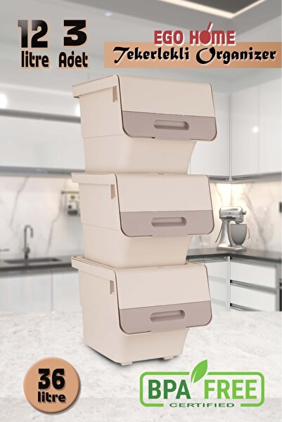 ozbience 3’lü Tekerlekli Sebzelik Patateslik ve Soğanlık Mote Krem 36 Lt