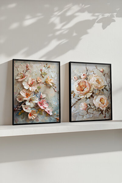 STARYUNA Black Wooden Framed Pastel Flower Branches Themed Double Painting Se...