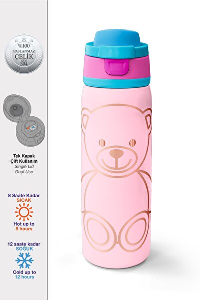 Coral High Teddy Bear Patterned Thermos with Straw and Direct Drinking Steel ...