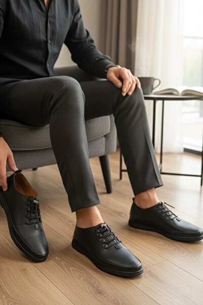 enoch حذاء رياضي رجالي من الجلد الطبيعي باللون الأسود مع تفاصيل مثقوبة ونعل ط...