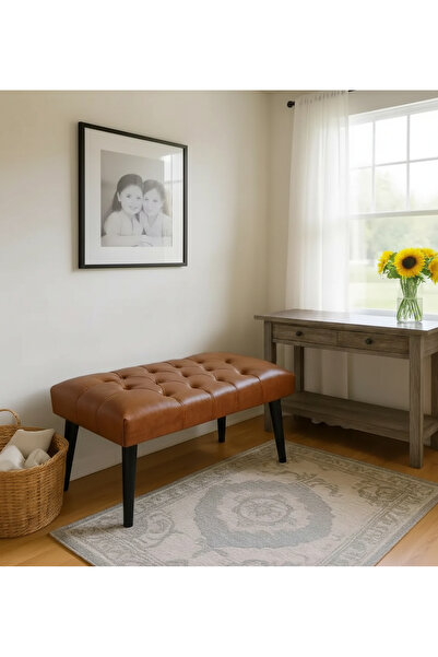 WATERYBROOK Bench Bank Puf - Suni Deri - Siyah Ahşap Ayaklı - Retro Modern Ta...