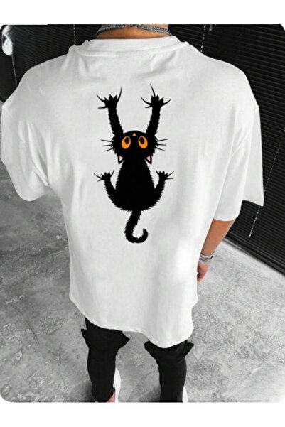 ALCİNOUS Back Cat Printed Unisex Oversized White T-Shirt