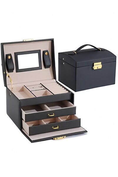 HALAMODO Desktop Item Storage Boxes, Three-layer Pu Leather Jewelry Box, Doub...