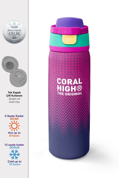 Coral High Pembe Lacivert Desenli Pipetli ve Direkt İçim Çelik Termos 800 ml ...