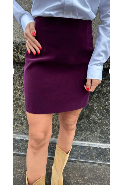 Somut istanbul Velvet Zippered High Waist Mini Skirt Mürdüm