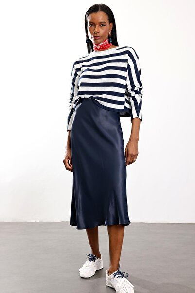 5in1Canpolat Navy Blue Satin Flounce Skirt 18002