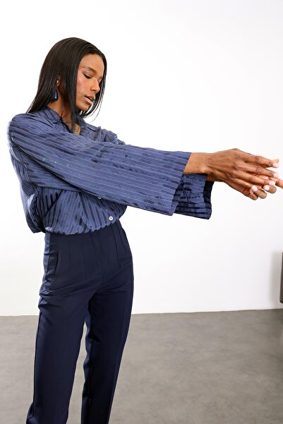 5in1Canpolat Navy Blue Striped Flowy Shirt 4998