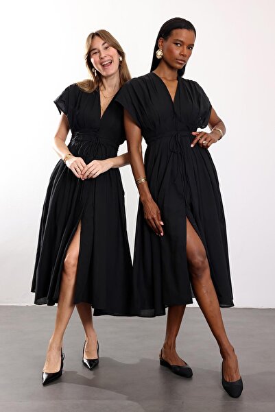 5in1Canpolat Black Voile Dress with Waist Belt 01418