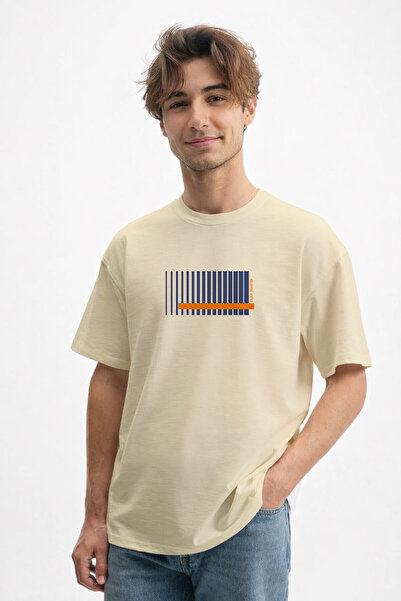caddekombin Men's Line Printed 100% Cotton Crew Neck Beige T-Shirt