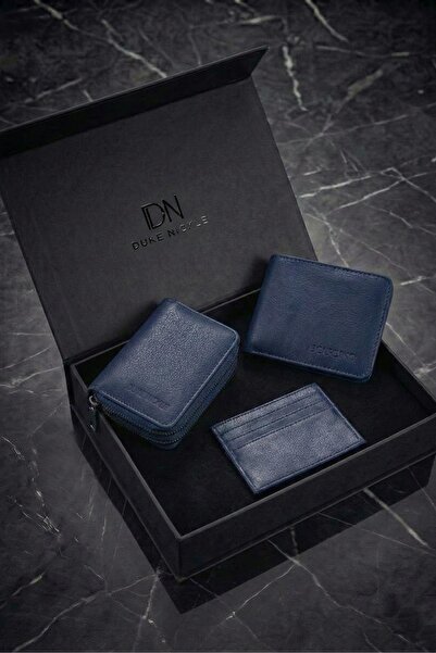 Duke Nickle Men's Navy Blue Classic and Zippered Wallet Card Holder Set Boxed...