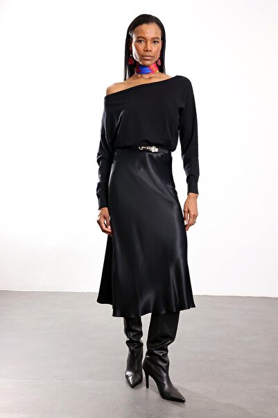 5in1Canpolat Black Satin Flounce Skirt 18002