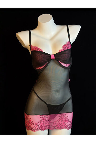 JInsh طقم لانجري مثير بتصميم أنيق يجمع بين الأسود والوردي، مع تنورة ملفوفة با...