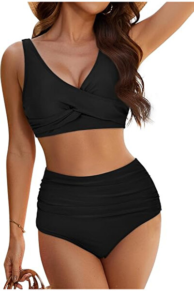 Evolyline Women's high waisted 2-piece swimsuit, zigzag back Black S