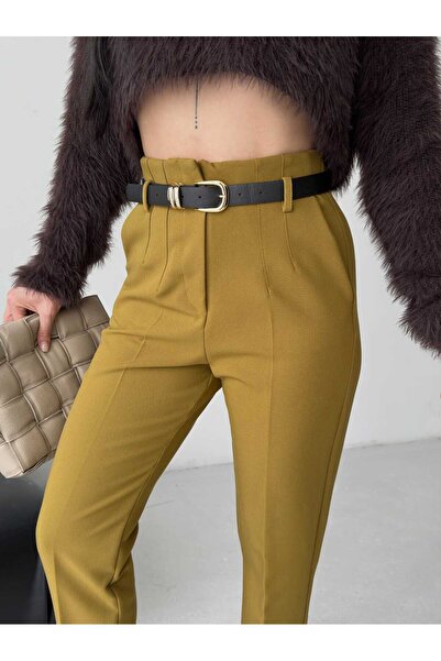 MYGİYİMİSTANBUL Kemerli, High-Waisted, Narrow-Leg, Fabric Pants.