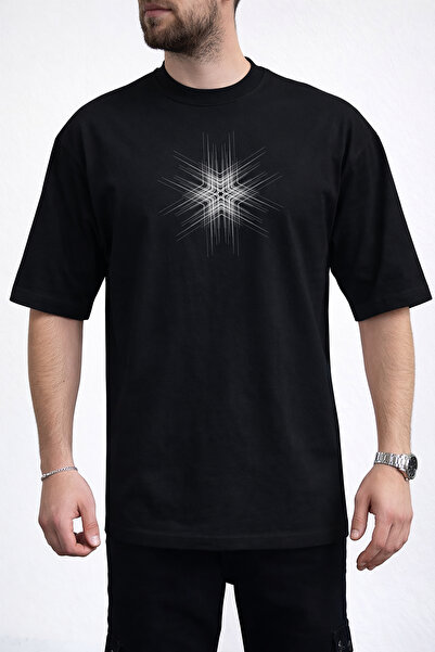 caddekombin Ανδρικό μπλουζάκι με γεωμετρικό σχέδιο Starburst Crew Neck σε μαύ...