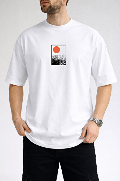 caddekombin Ανδρικό μπλουζάκι με σχέδιο ανατολισμένου ήλιου και κυματισμούς θ...