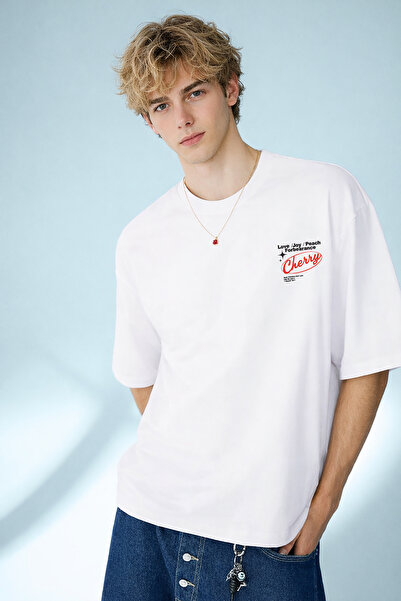 caddekombin Tricou alb pentru bărbați, cu imprimeu tipografic Cherry, cu gâtu...