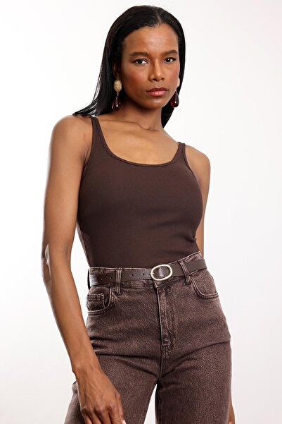 5in1Canpolat Brown Ribbed Thin Strap Tank Top 24113
