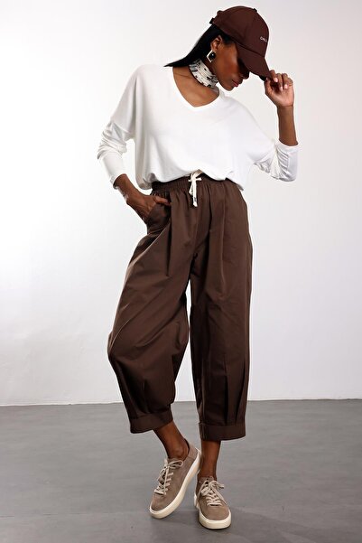 5in1Canpolat بنطلون بني بقصة واسعة 51270