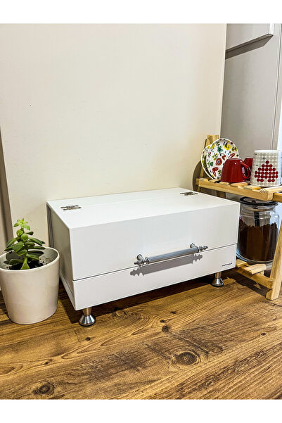 ozbience Beyaz Ahşap Ekmek Kutusu, Krom Kulplu ve Ayaklı, Şık ve Kullanışlı