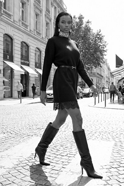 5in1Canpolat Black Knitwear Dress with Lace Hem 251008