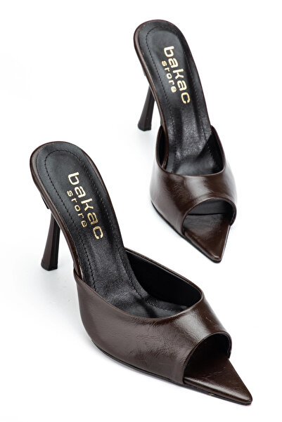 bakacstore Women's Bitter Brown Pointed Toe Wrinkled Patent Leather Heeled Sl...