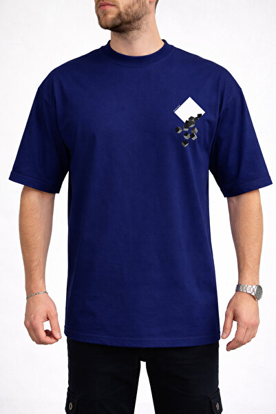 caddekombin Tricou pentru bărbați, cu detaliu cubic, cu guler rotund, albastr...