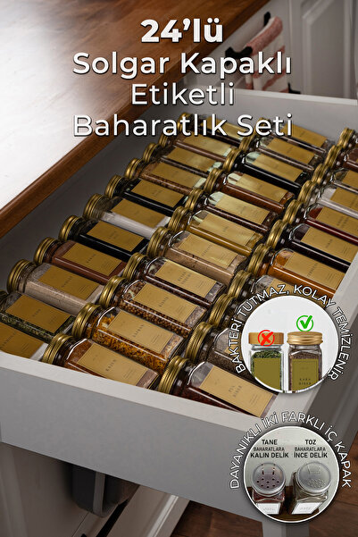ozbience 24'lü Gold Kapaklı Cam Baharatlık Seti, Şık ve Pratik Kullanım