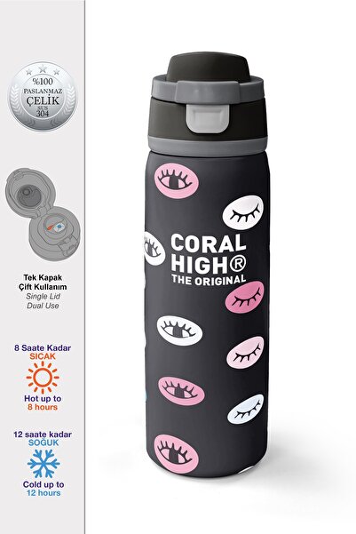 Coral High Black Eye Patterned Thermos with Straw and Direct Drinking Steel C...