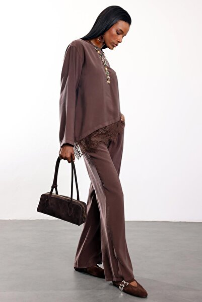 5in1Canpolat Brown Lace Detailed Blouse Trousers Set 7308
