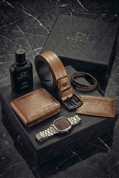 Duke Nickle Erkek Gümüş Kol Saati Kahverengi Kemer Cüzdan Kartlık Bileklik Pa...