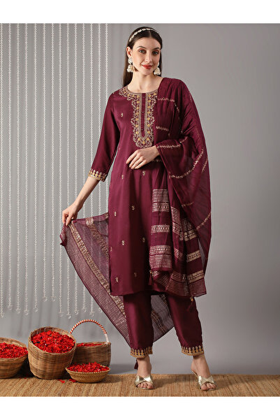 Globus By Styli Women Purple Embroidered Straight Kurta with Pant and Dupatta...
