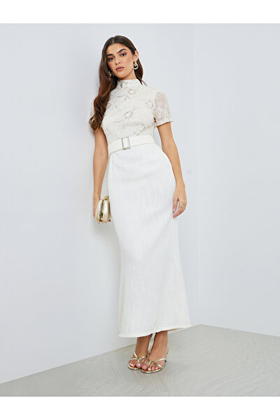 Styli Women White Lace Short Sleeves Sheath Maxi Dress