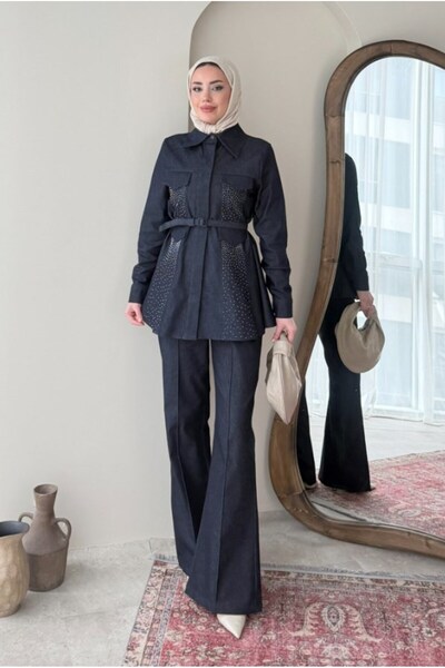 Molly Nelly Γυναικείο σετ με πολύχρωμο τζιν παντελόνι με στάμπα πέτρας