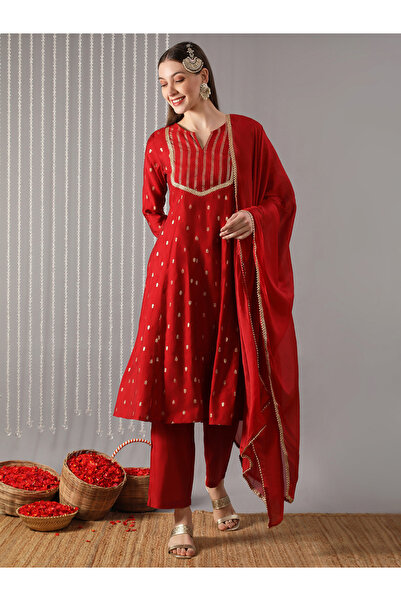 Globus By Styli Women Rust Embroidered A-Line Kurta with Pant and Dupatta Set