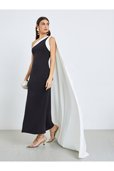 Styli Women Black Cape Detail Mermaid Maxi Dress