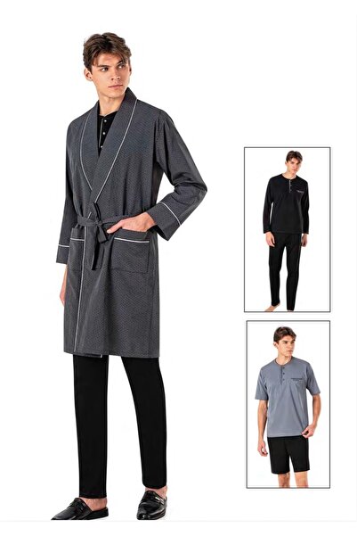 Pierre Cardin Men's 5 Piece 100% Cotton Long Robe+Pajama Set+Shorts Set Boxed...