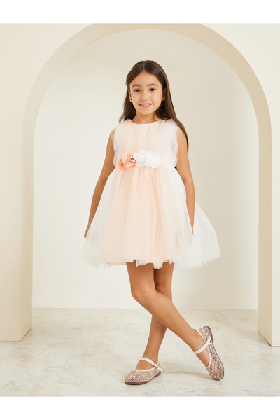 Styli Girls Peach Flowers Detail Mesh Dress