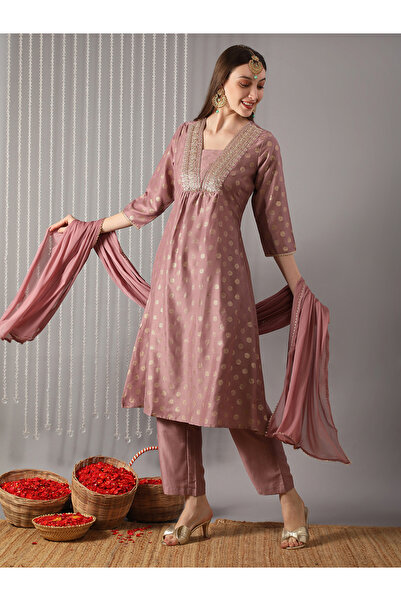 Globus By Styli Women Lavender V-Neck Embroidered Kurta with Pant and Dupatta...