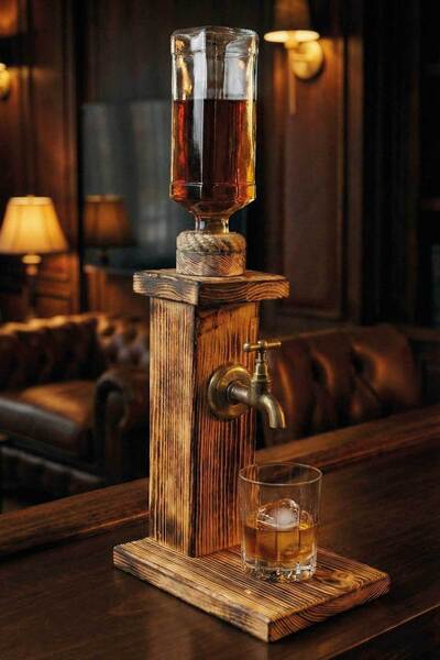 MiniVagon Rustik Ahşap Tekli Viski Çeşmesi Musluklu İçki Standı Dispanser Dek...