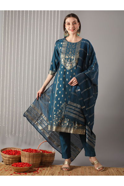 Globus By Styli Women Teal Embroidered Straight Kurta with Pant and Dupatta Set