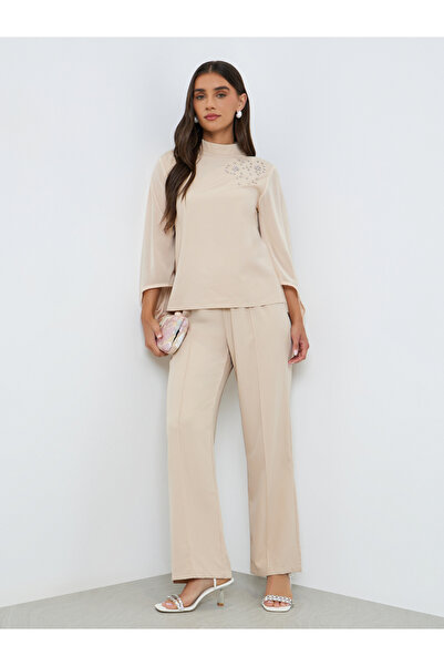 Styli Women Beige Rhinestone-Embellished Top and Pants Co-Ords