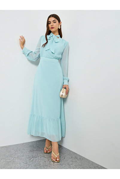 Styli Women Blue Chiffon Tie Up Neck Maxi Dress