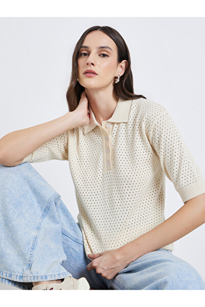 Styli Women Crochet Look Flat Knit Polo T-Shirt