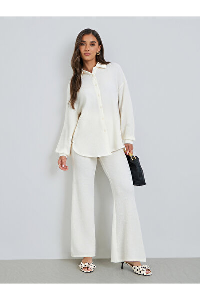 Styli Women Cream Textured Shirt and Trousers Co-Ords